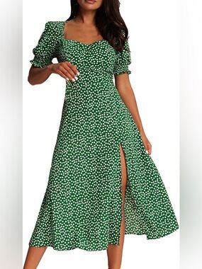 Green Daisy Floral Puff Sleeve Cottagecore Midi Dress XL